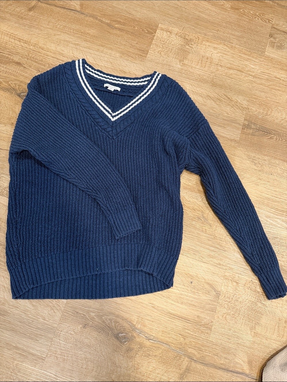 American Eagle Outfitters Navy V-Neck Sweater with White Trim
